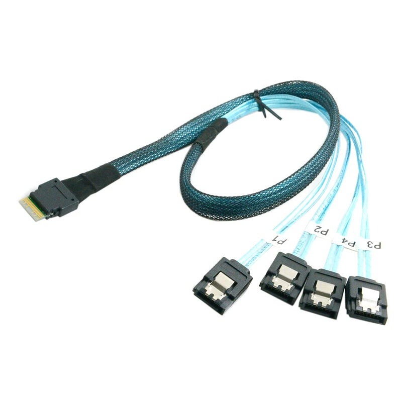 cablecc Slim Line SAS 4.0 SFF-8654 4i 38pin Host to 4 SATA 7pin Target Hard Disk Fanout Raid Cable 50cm - Image 1
